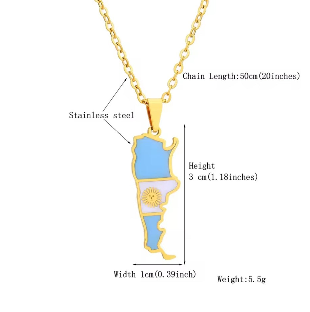Collar Mapa de Argentina con Bandera – Acero Inoxidable Dorado| Regalo Patriótico Elegante