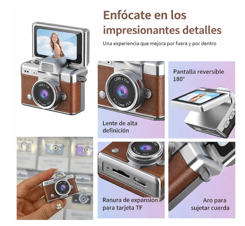 Mini Cámara Retro HD 720P con Pantalla Giratoria y Diseño Vintage