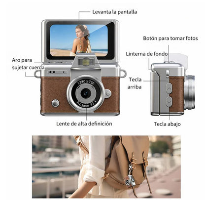 Mini Cámara Retro HD 720P con Pantalla Giratoria y Diseño Vintage